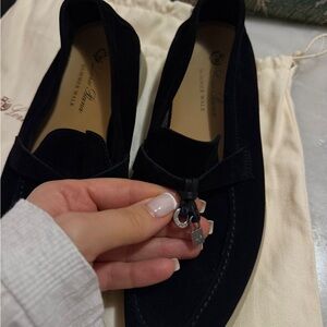 Loro Piana Black Suede Loafers with Silver Charm.